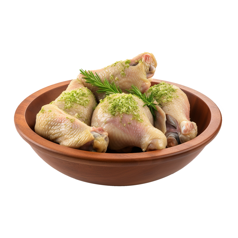 AI generated Fresh raw chicken in wooden bowl isolated on transparent background png