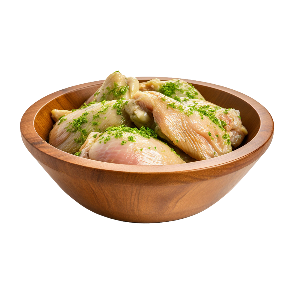 AI generated Fresh raw chicken in wooden bowl isolated on transparent background png