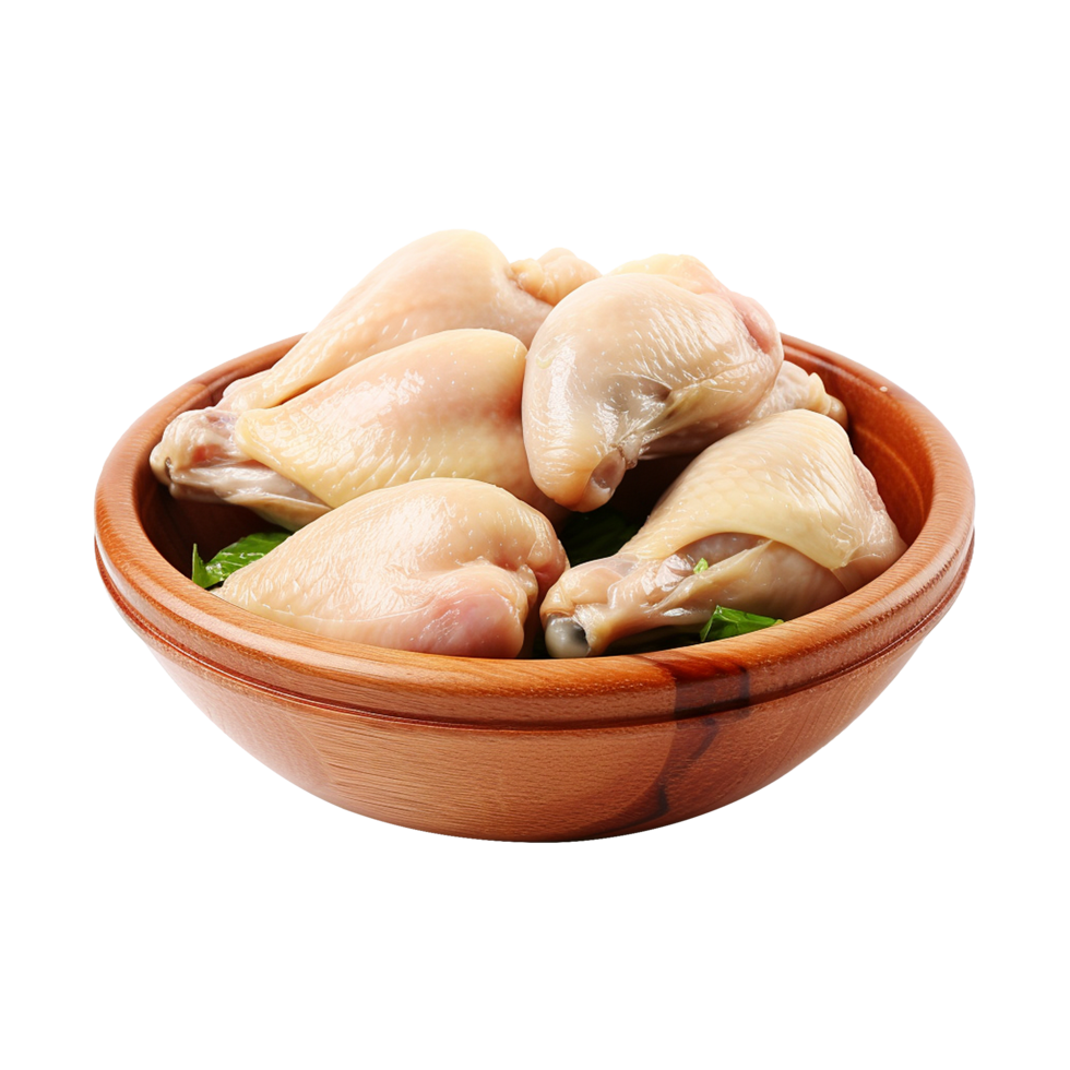 AI generated Fresh raw chicken in wooden bowl isolated on transparent background png