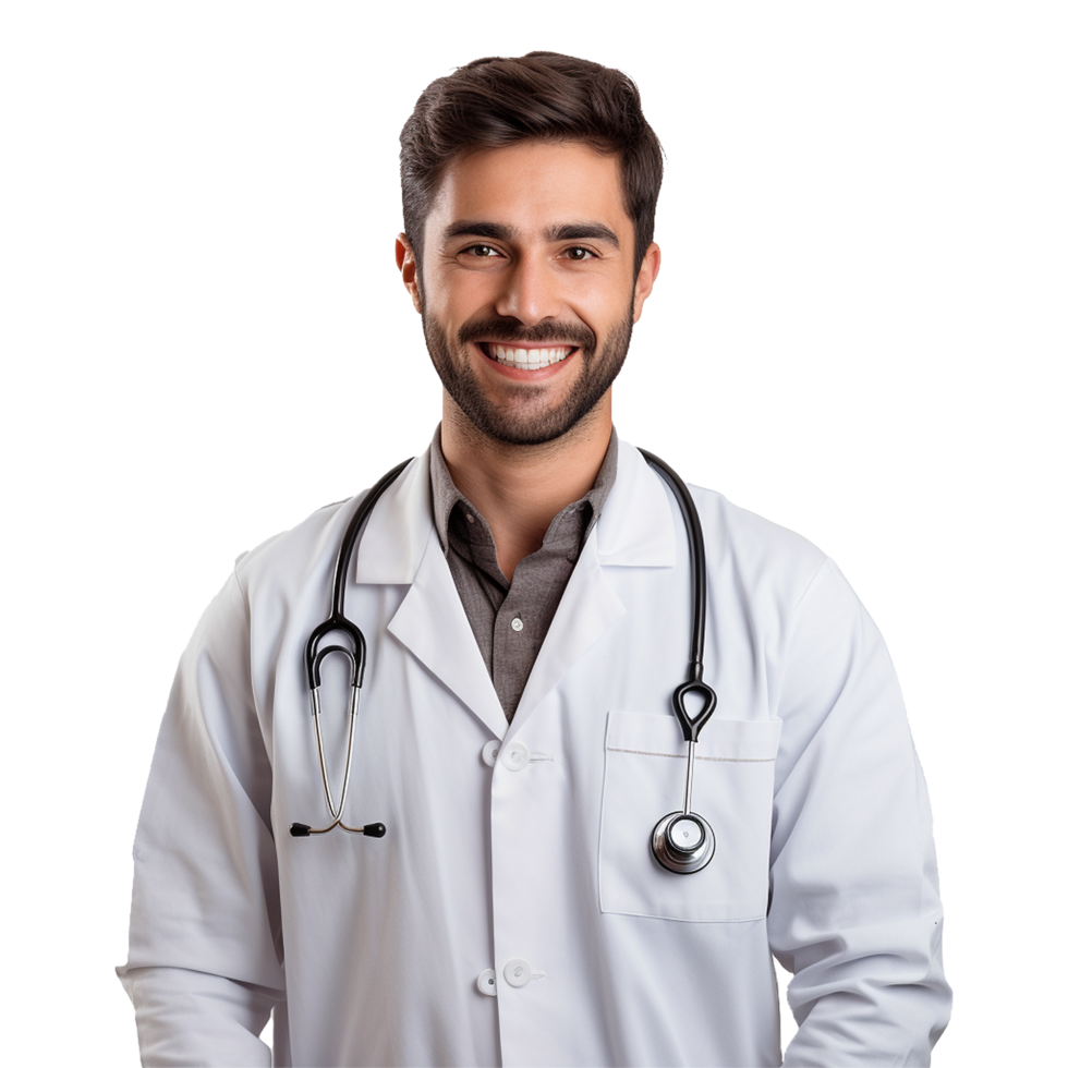 ai generado un sonriente médico con lentes y un blanco laboratorio Saco aislado en transparente antecedentes png