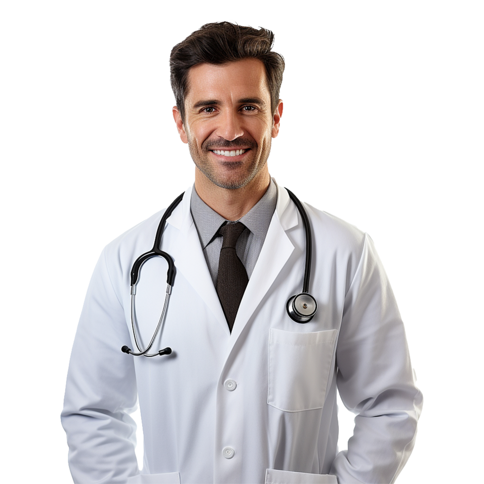 AI generated A smiling doctor with glasses and a white lab coat isolated on transparent background png