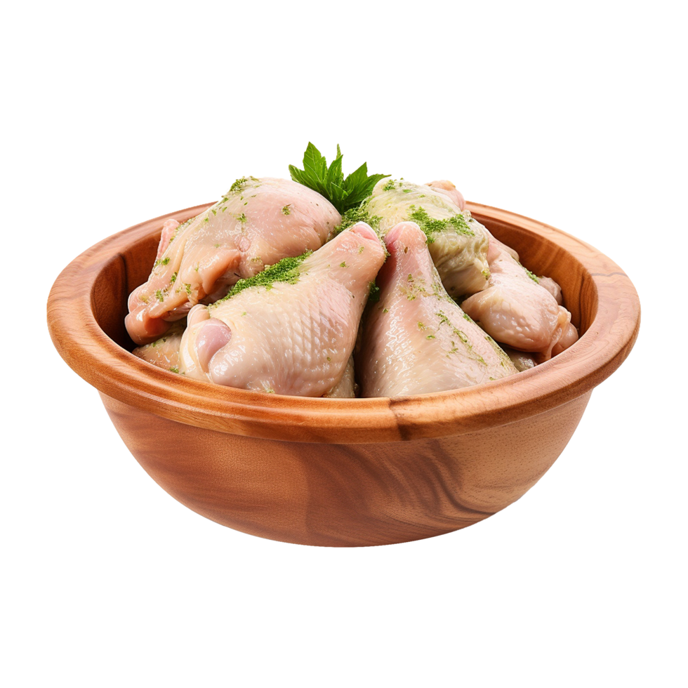 AI generated Fresh raw chicken in wooden bowl isolated on transparent background png