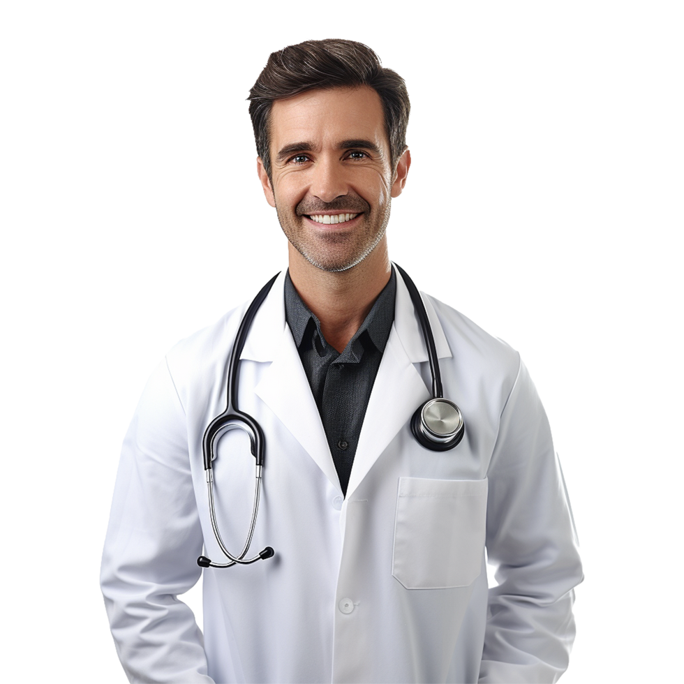 AI generated A smiling doctor with glasses and a white lab coat isolated on transparent background png