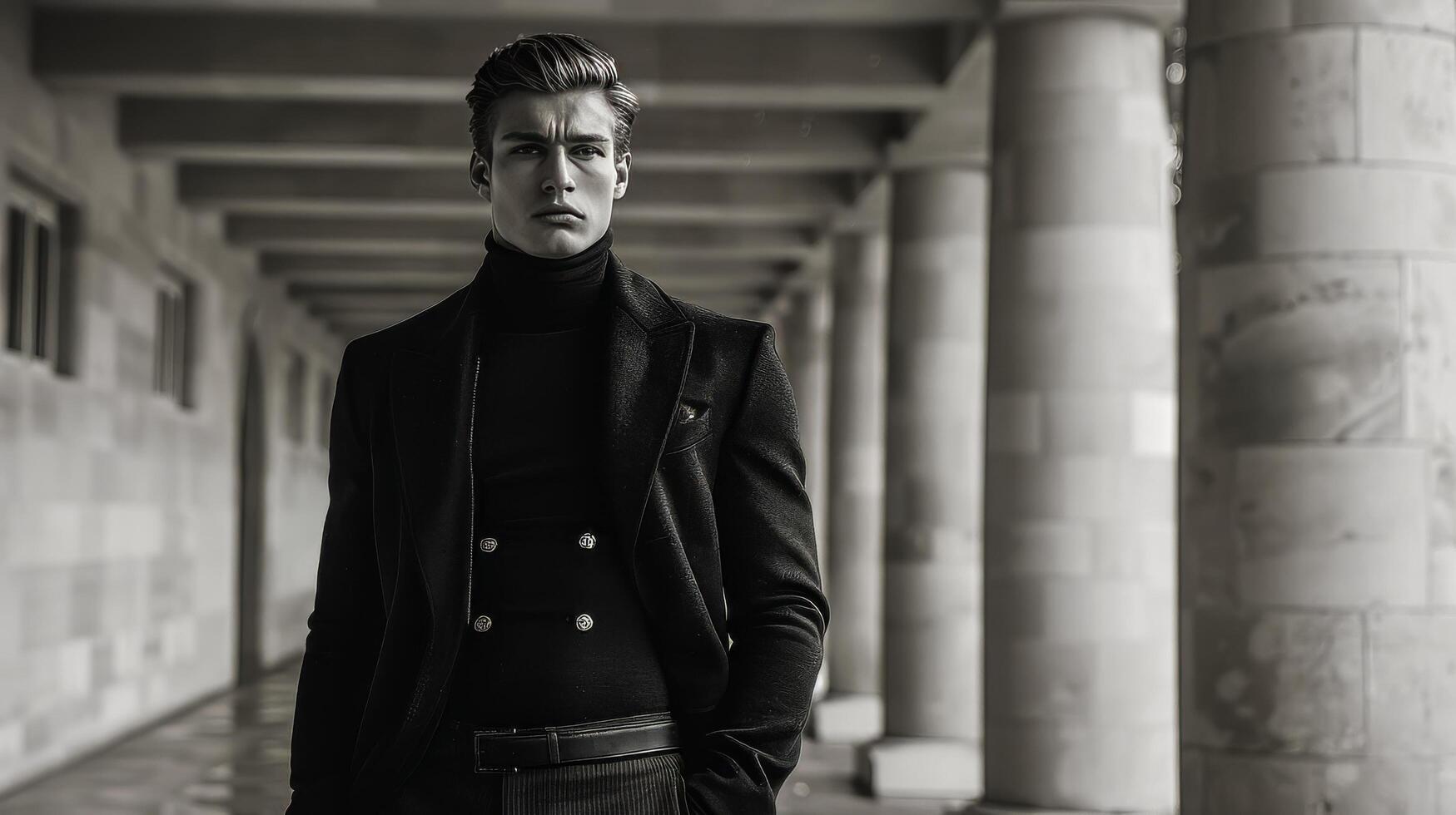 AI generated Man in Black Coat Standing in Hallway photo