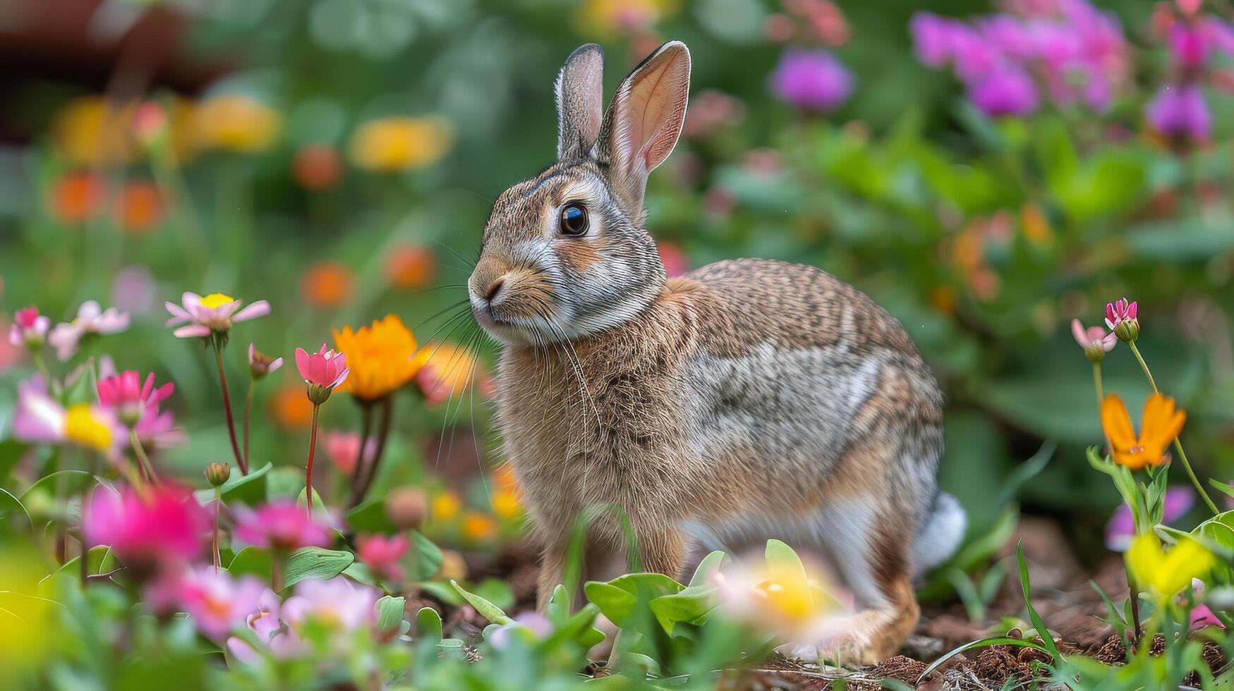 AI generated Rabbit Sitting in Field of Flowers photo