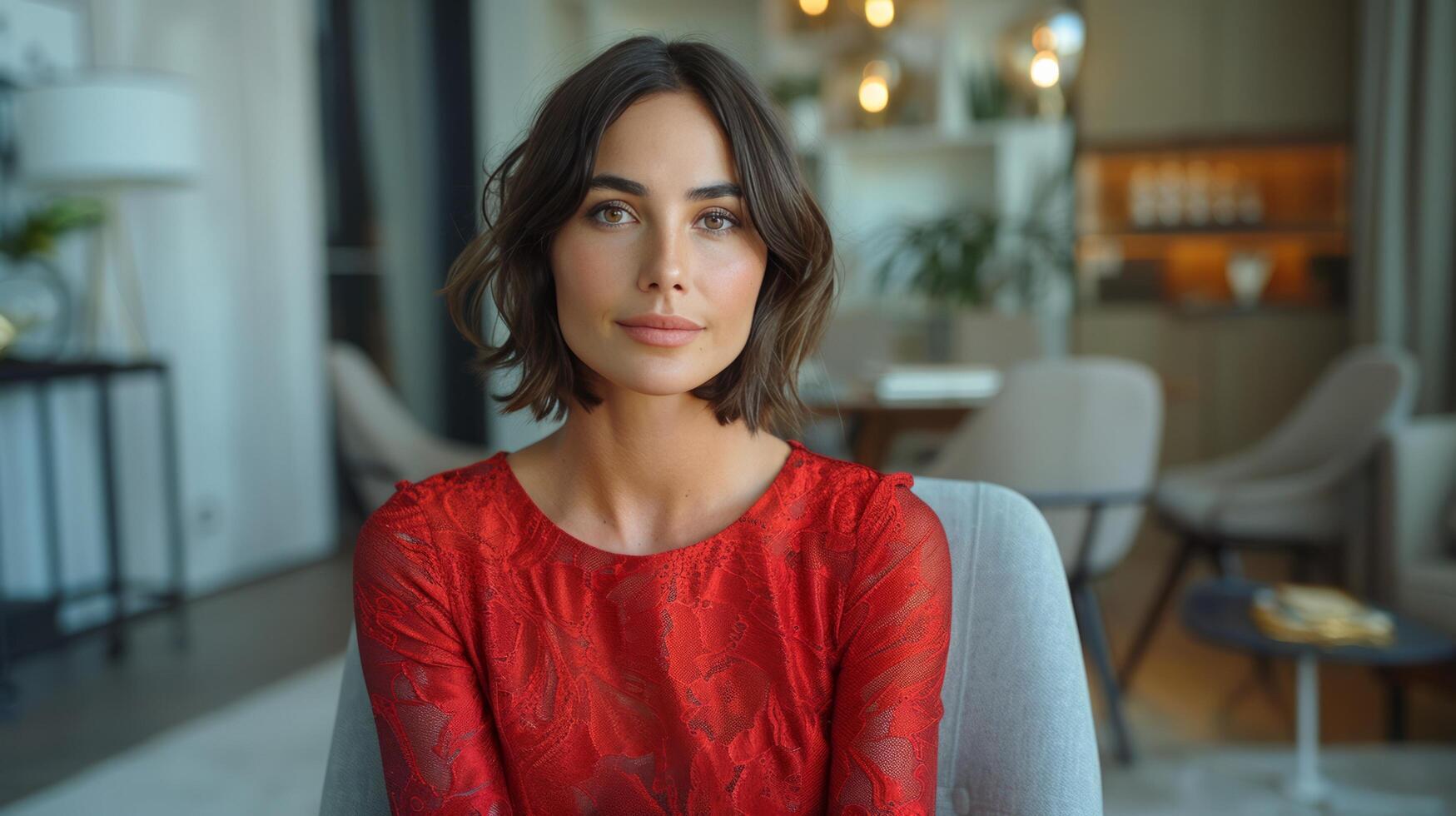 AI generated Woman in Red Shirt Sitting in Front of Camera photo