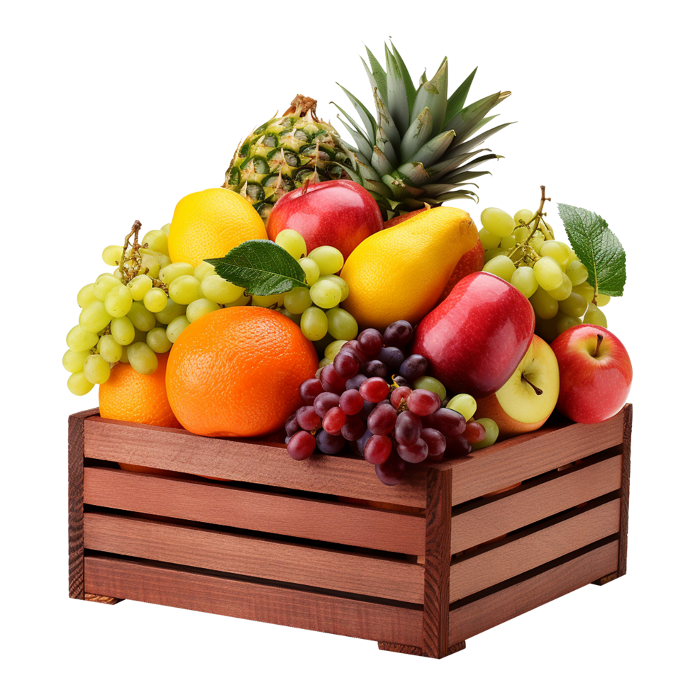 AI generated Fruits in wooden box isolated on transparent background png