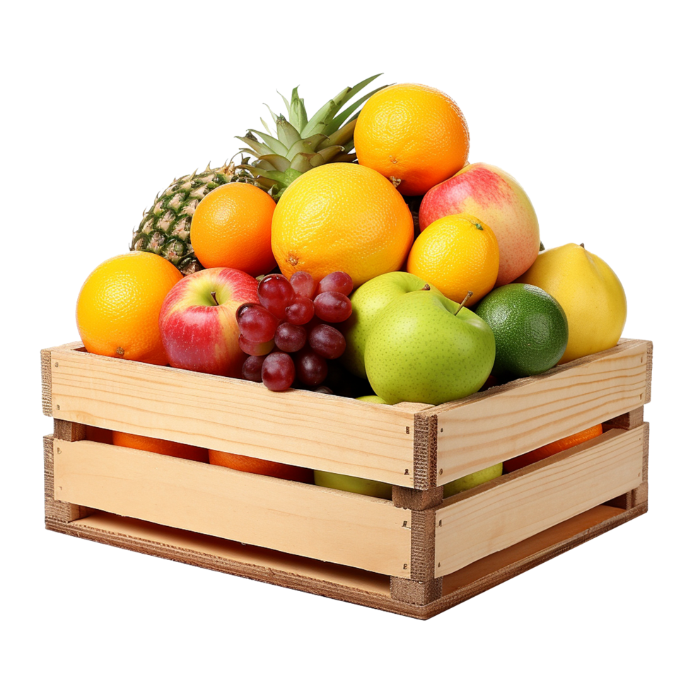 AI generated Fruits in wooden box isolated on transparent background png