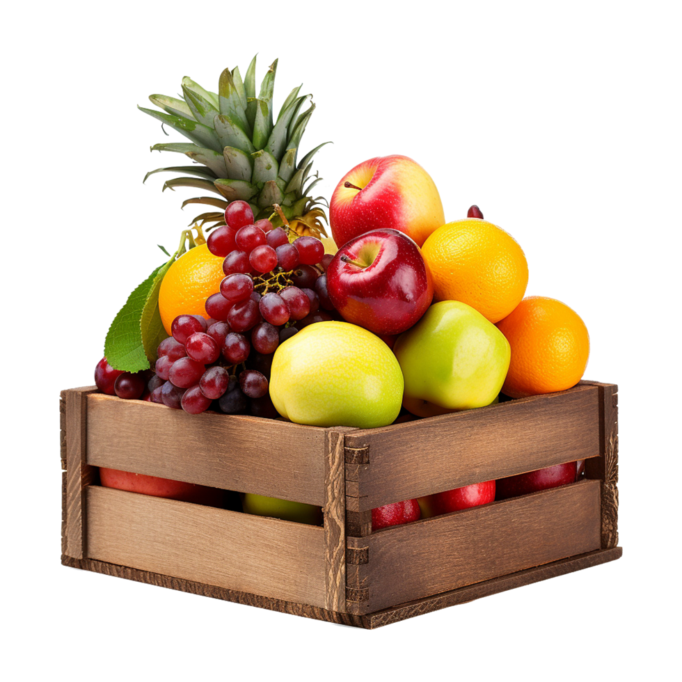 AI generated Fruits in wooden box isolated on transparent background png