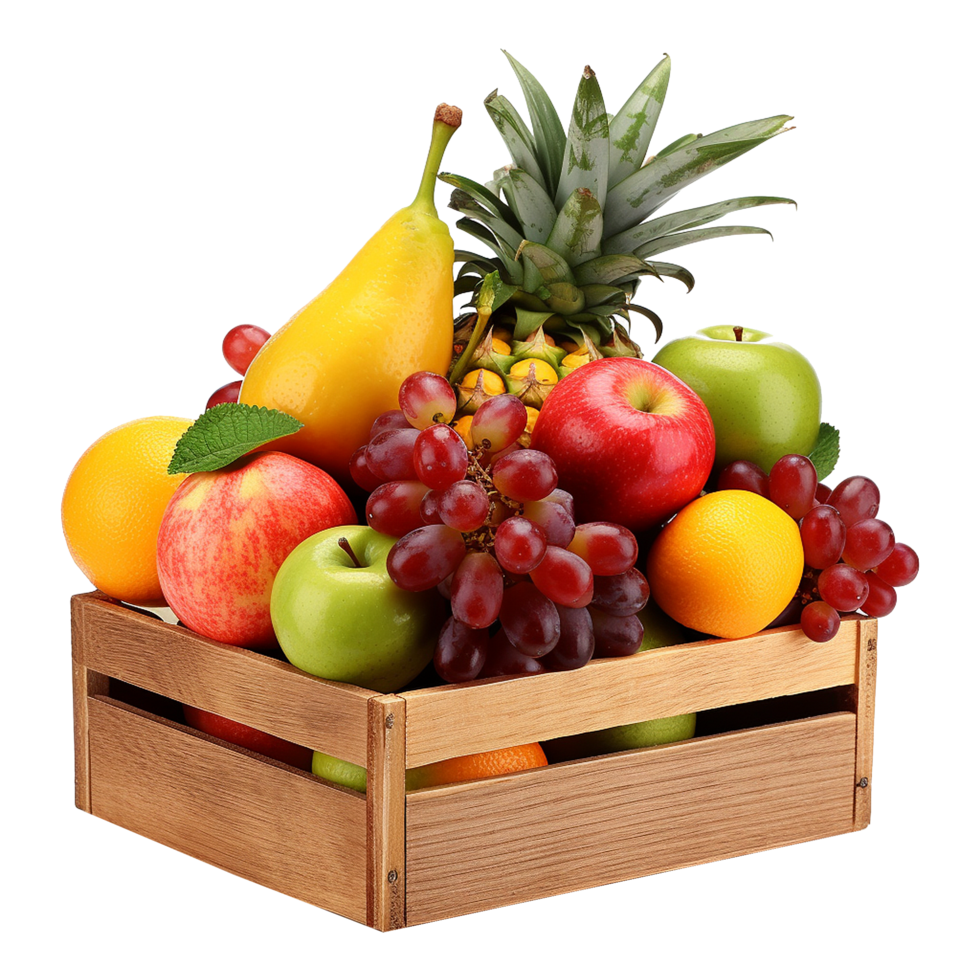 AI generated Fruits in wooden box isolated on transparent background png