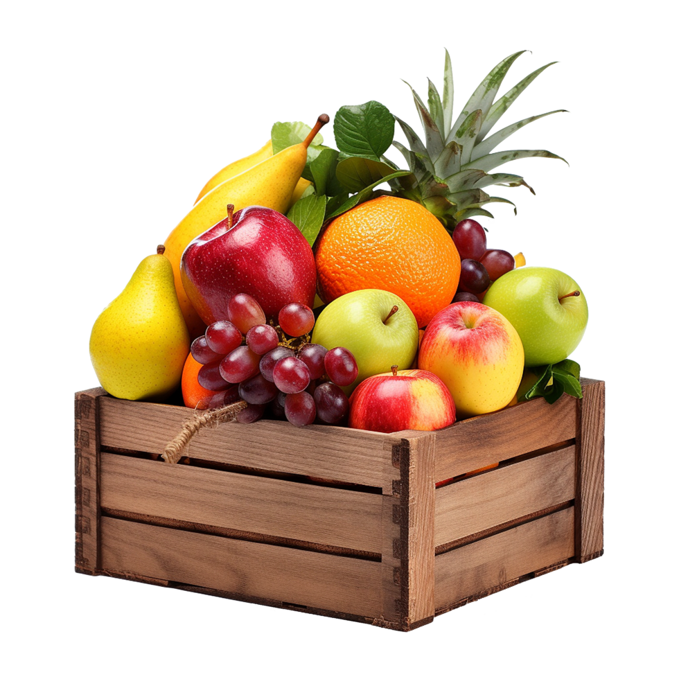 AI generated Fruits in wooden box isolated on transparent background png