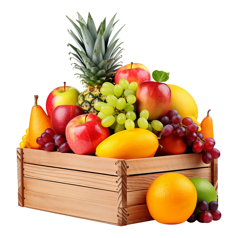 AI generated Fruits in wooden box isolated on transparent background png