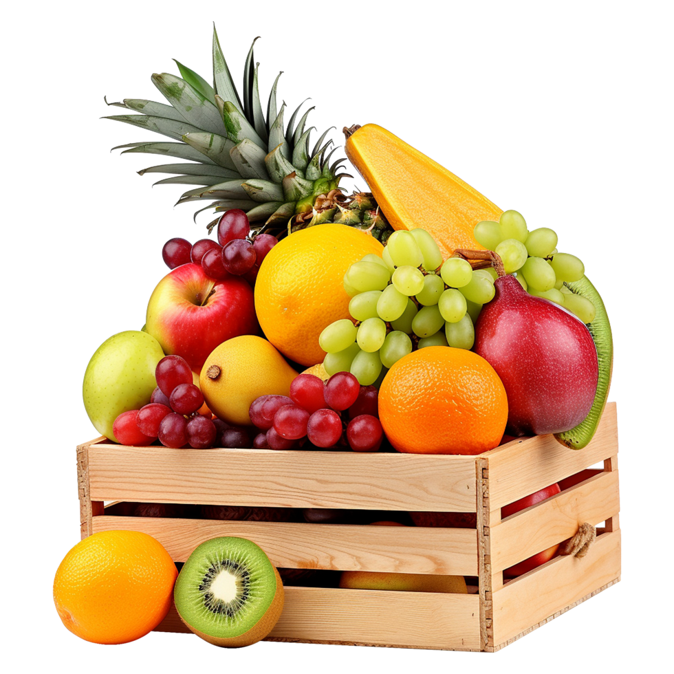 AI generated Fruits in wooden box isolated on transparent background png