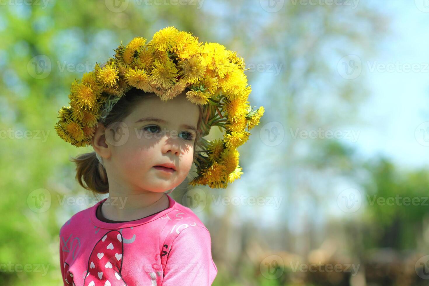 primavera retrato de un linda dos años antiguo niña posando con un diente de león guirnalda foto