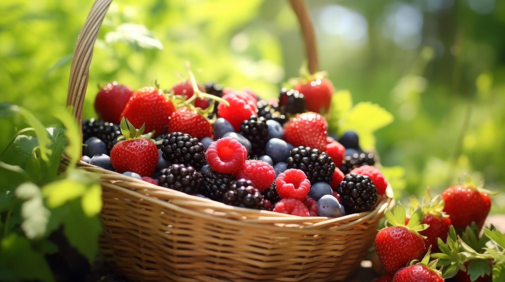 AI generated Mixed berries in a sunlit garden basket photo