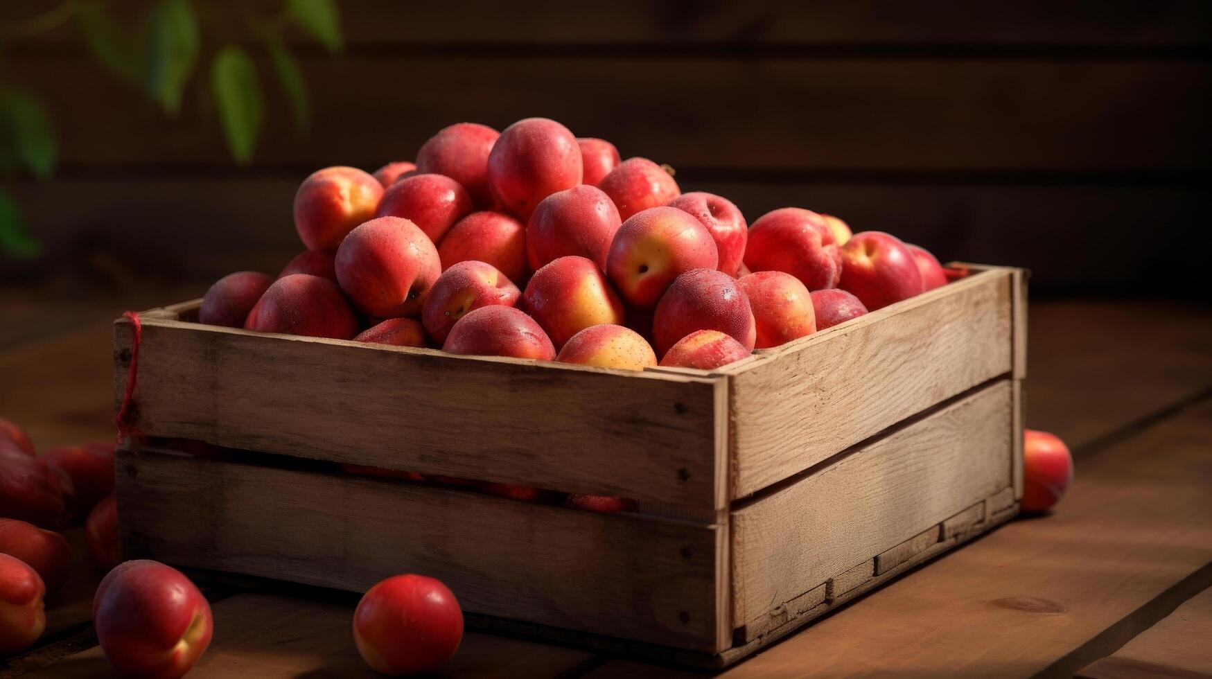 ai generado de madera caja lleno con jugoso pluots foto