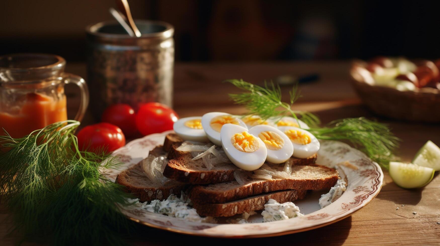 ai generado escandinavo desayuno arenque y centeno un pan foto