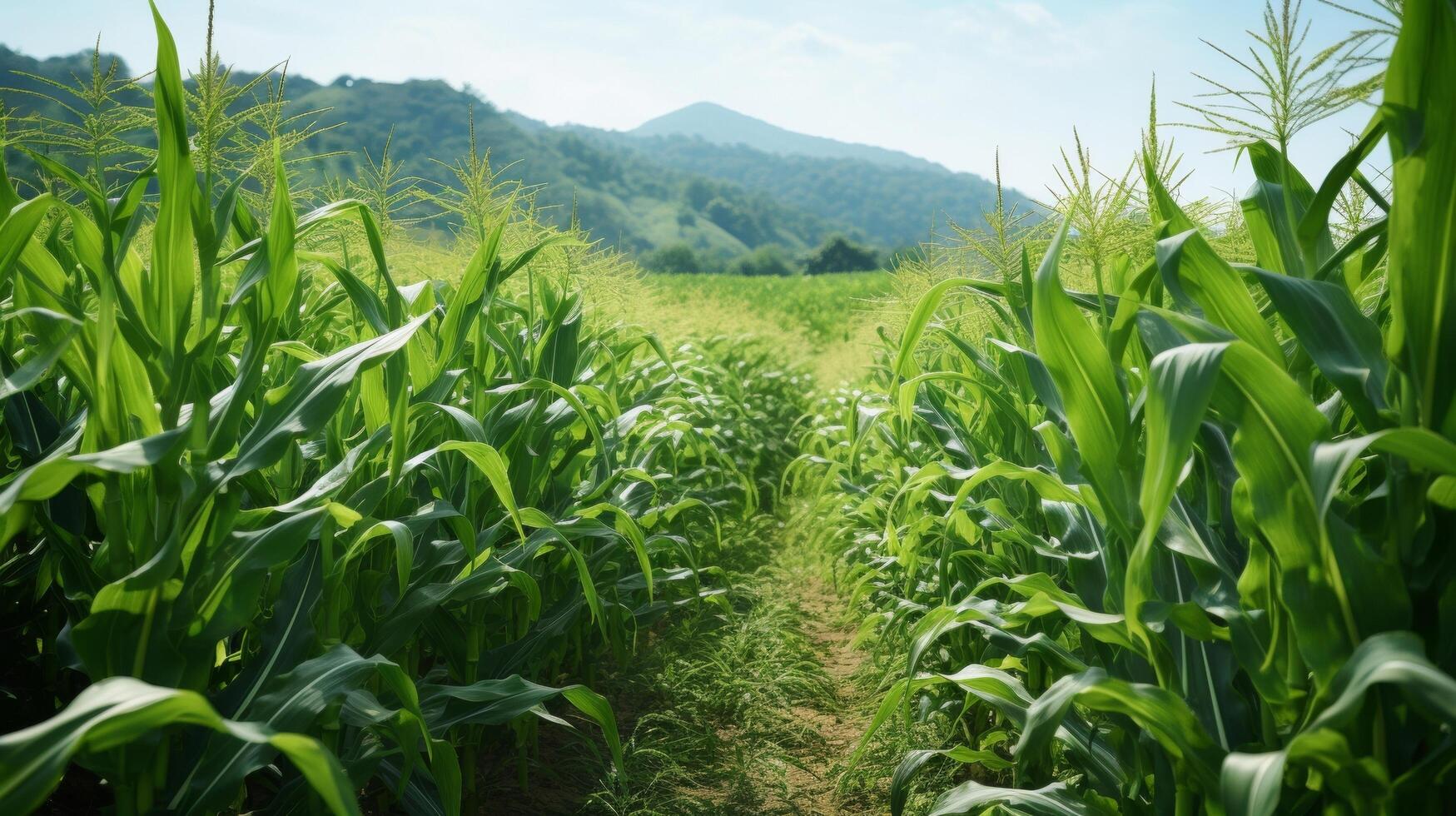 ai generado abundante y verde campo de dulce maíz plantas foto