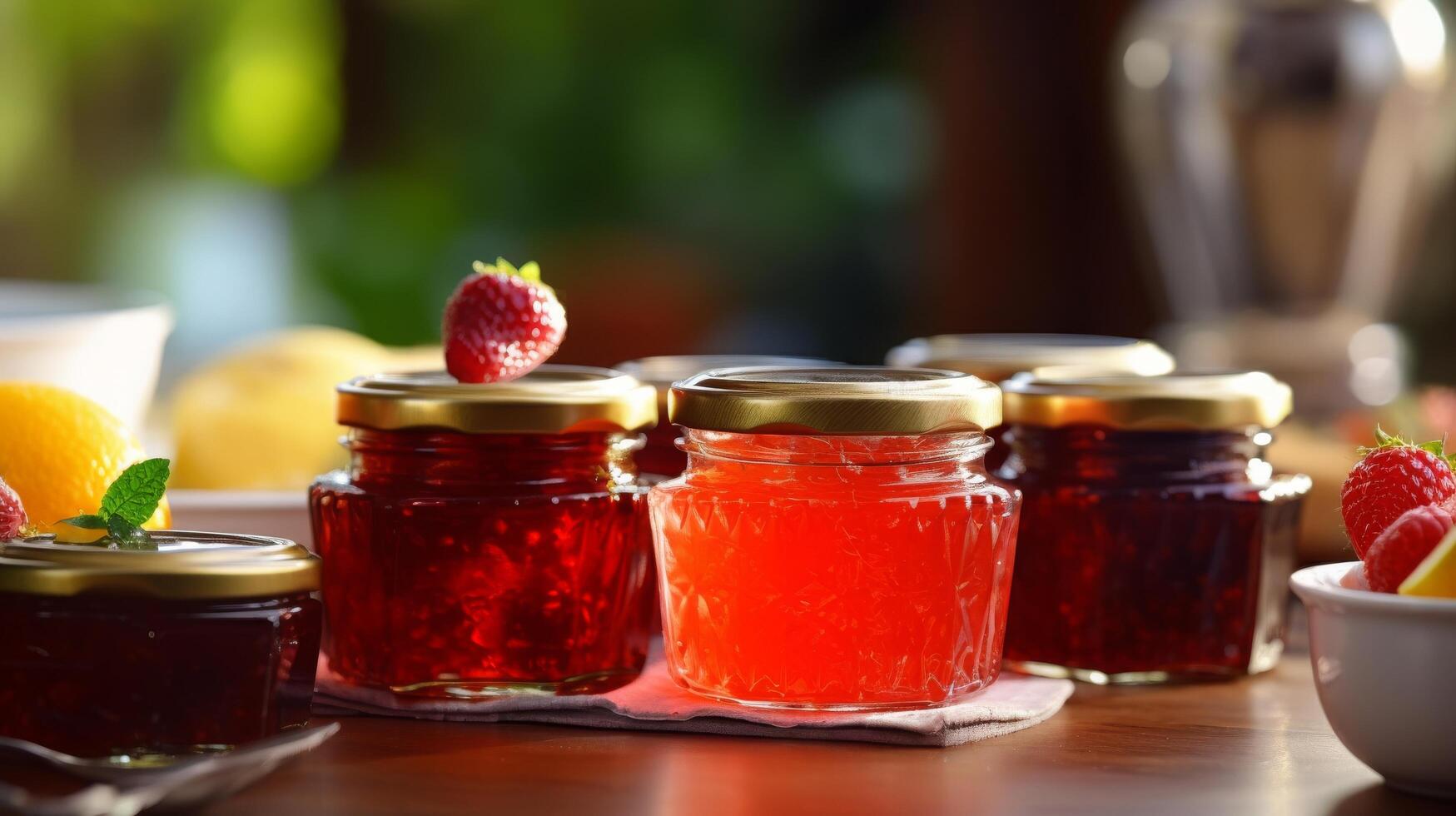 AI generated Tempting display of various fruit jams and preserves photo