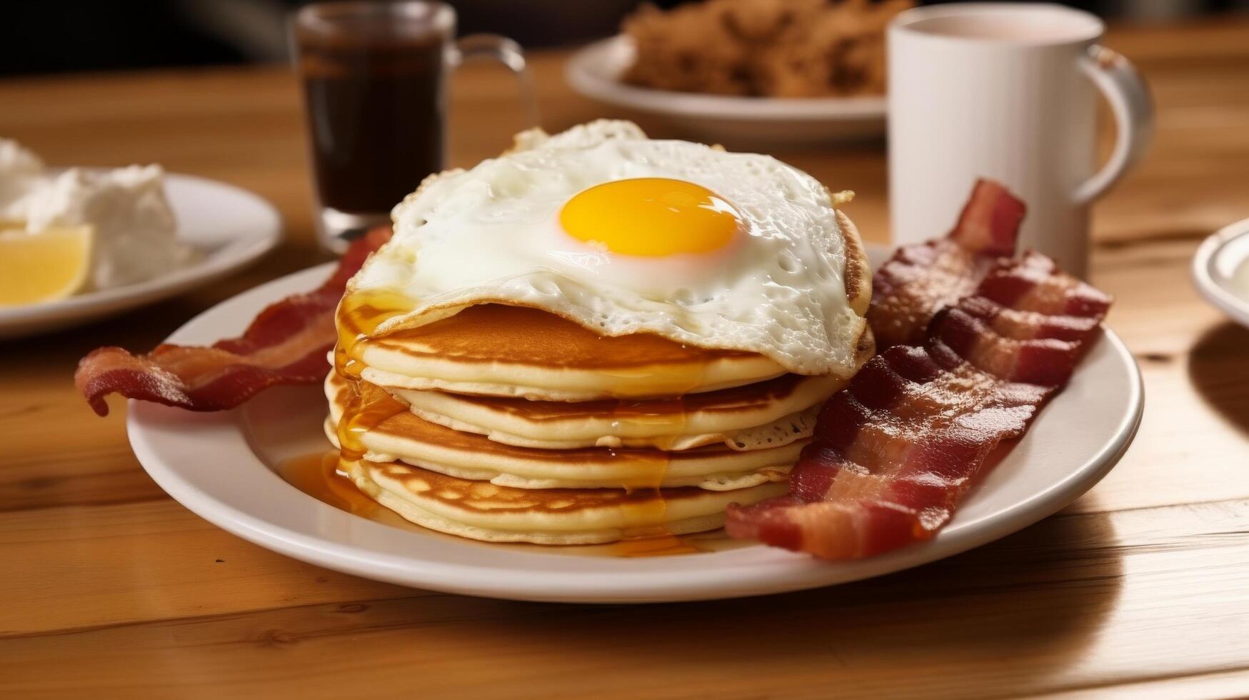 ai generado huevos, tocino, y panqueques en un clásico cena comida foto