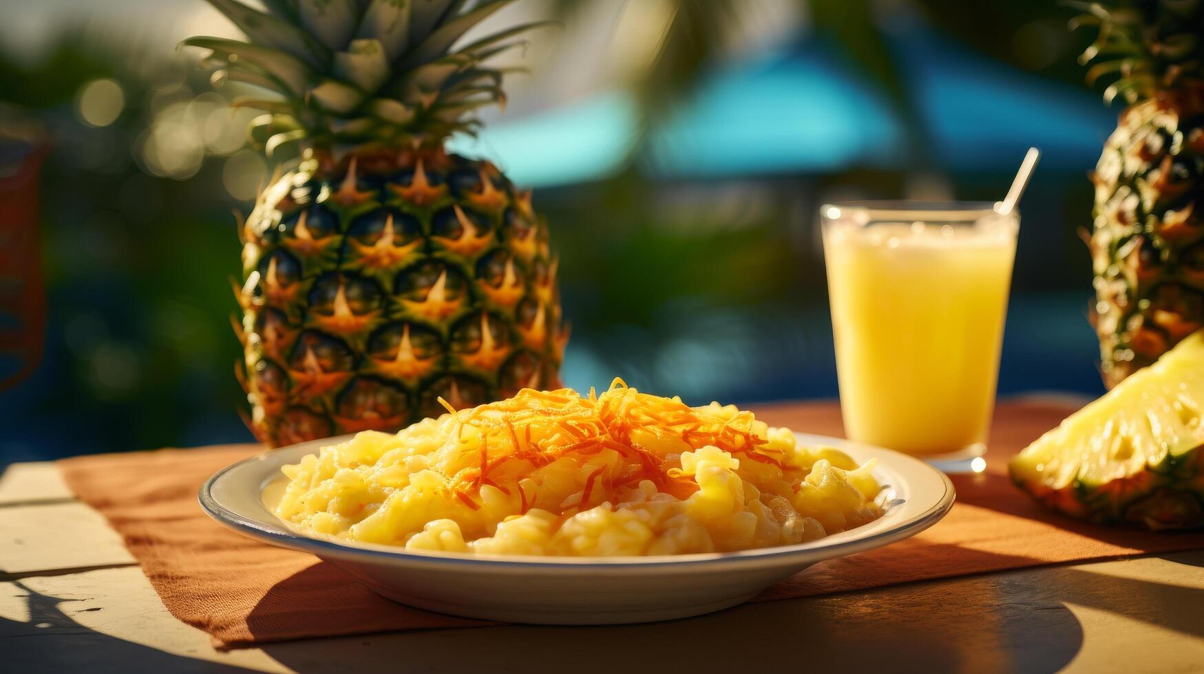 AI generated Hawaiian style breakfast featuring poi and pineapple photo