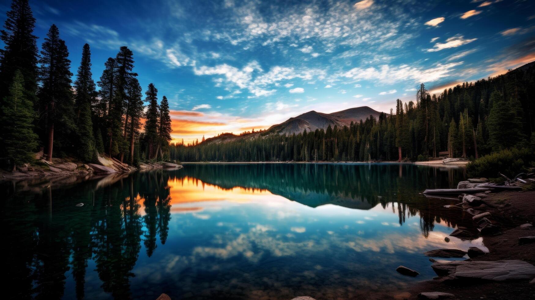 ai generado estrellado cielo reflejado en un pacífico lago foto