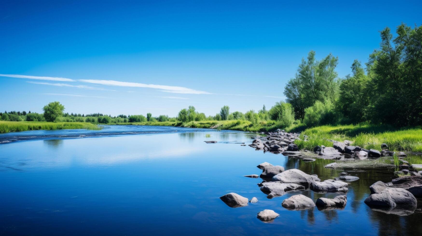 ai generado sereno río y claro azul cielo en naturaleza escena foto