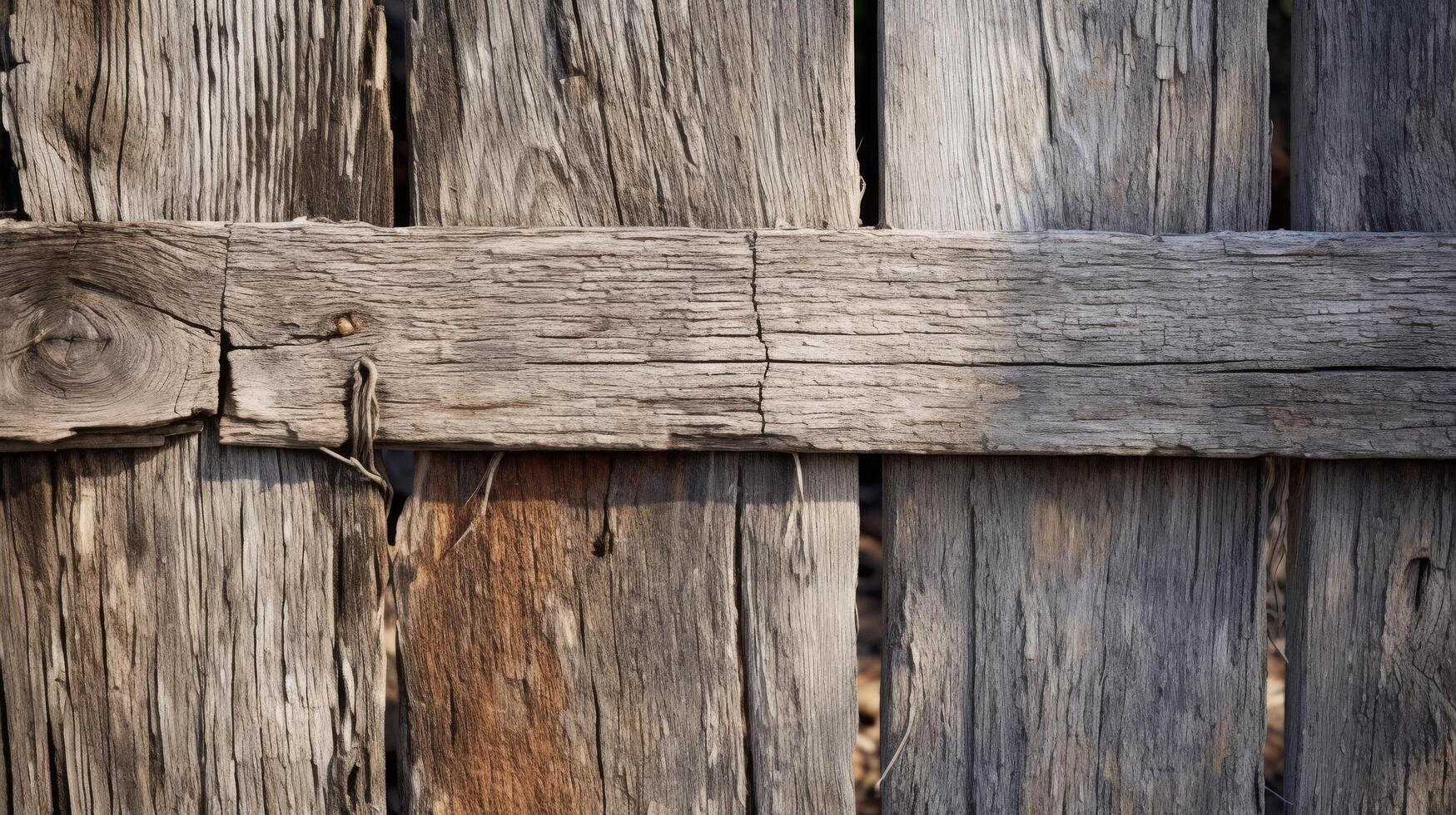 AI generated A rustic wooden gate with peeling paint and metal hinges photo