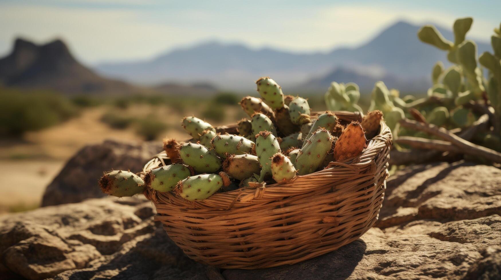 AI generated Prickly pears with a desert backdrop in a basket photo