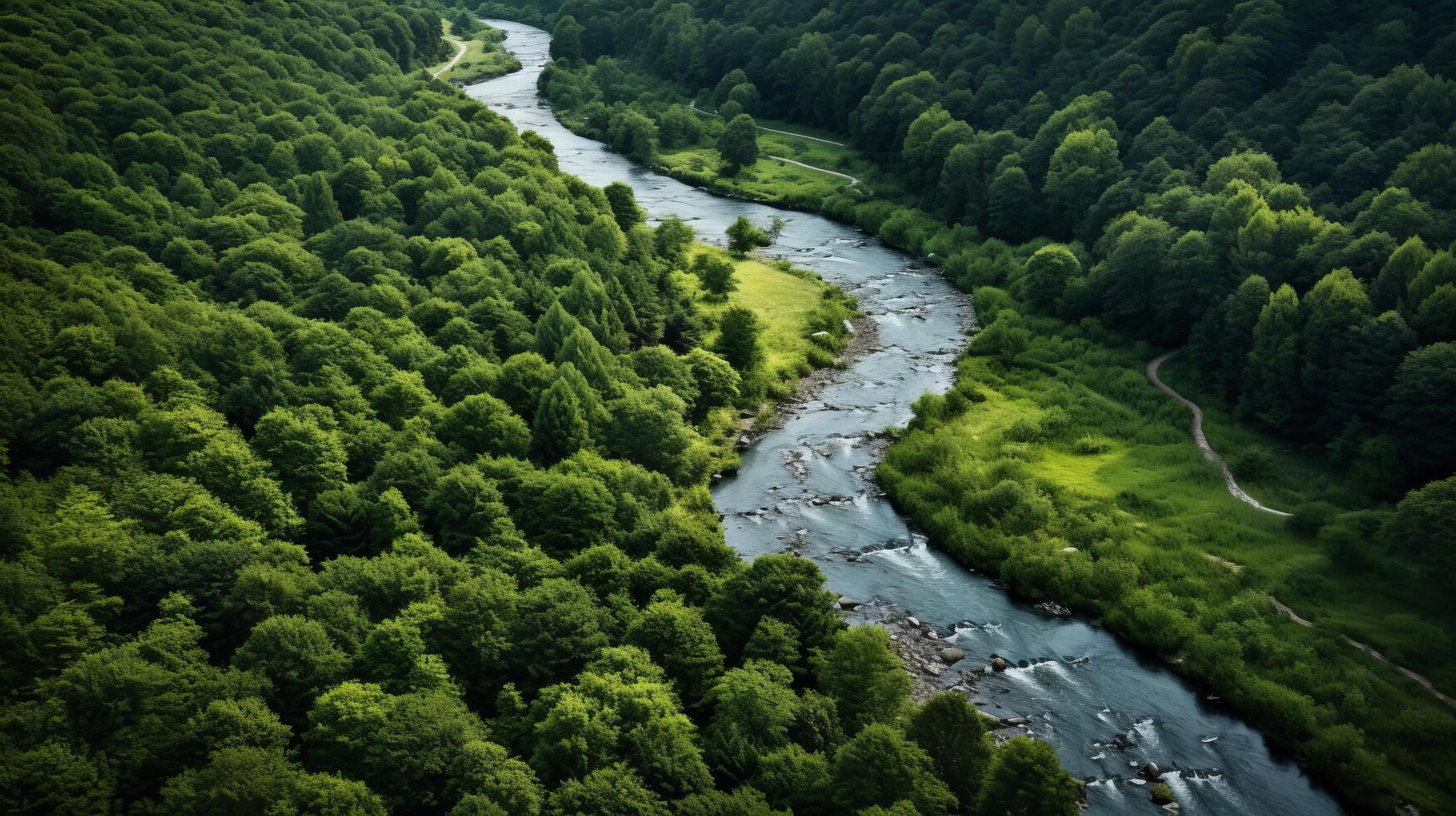 ai generado un serpenteante río en un verde bosque un pacífico y relajante escena foto