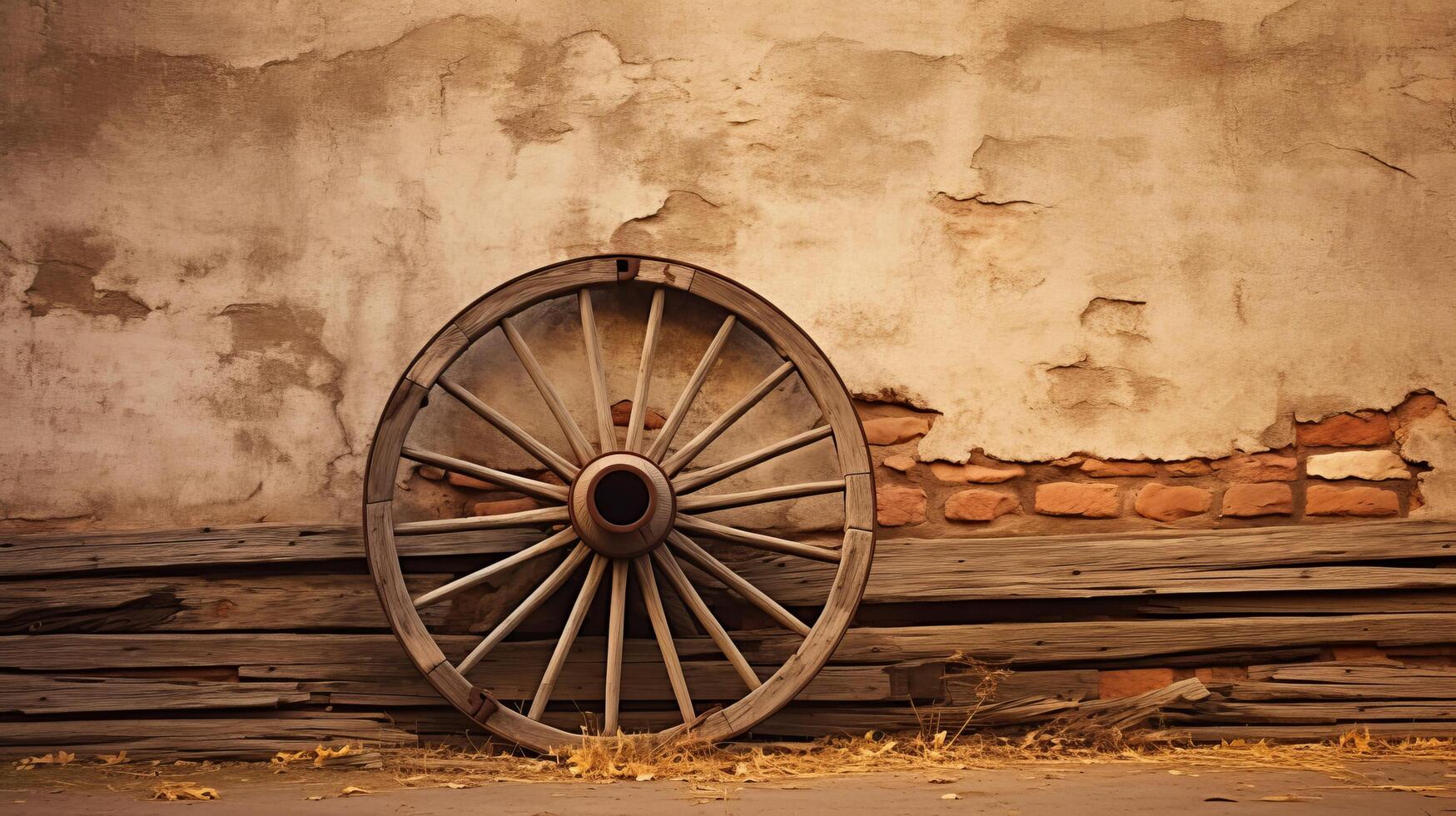 AI generated Leaning wagon wheel, rustic charm in a simple setting photo