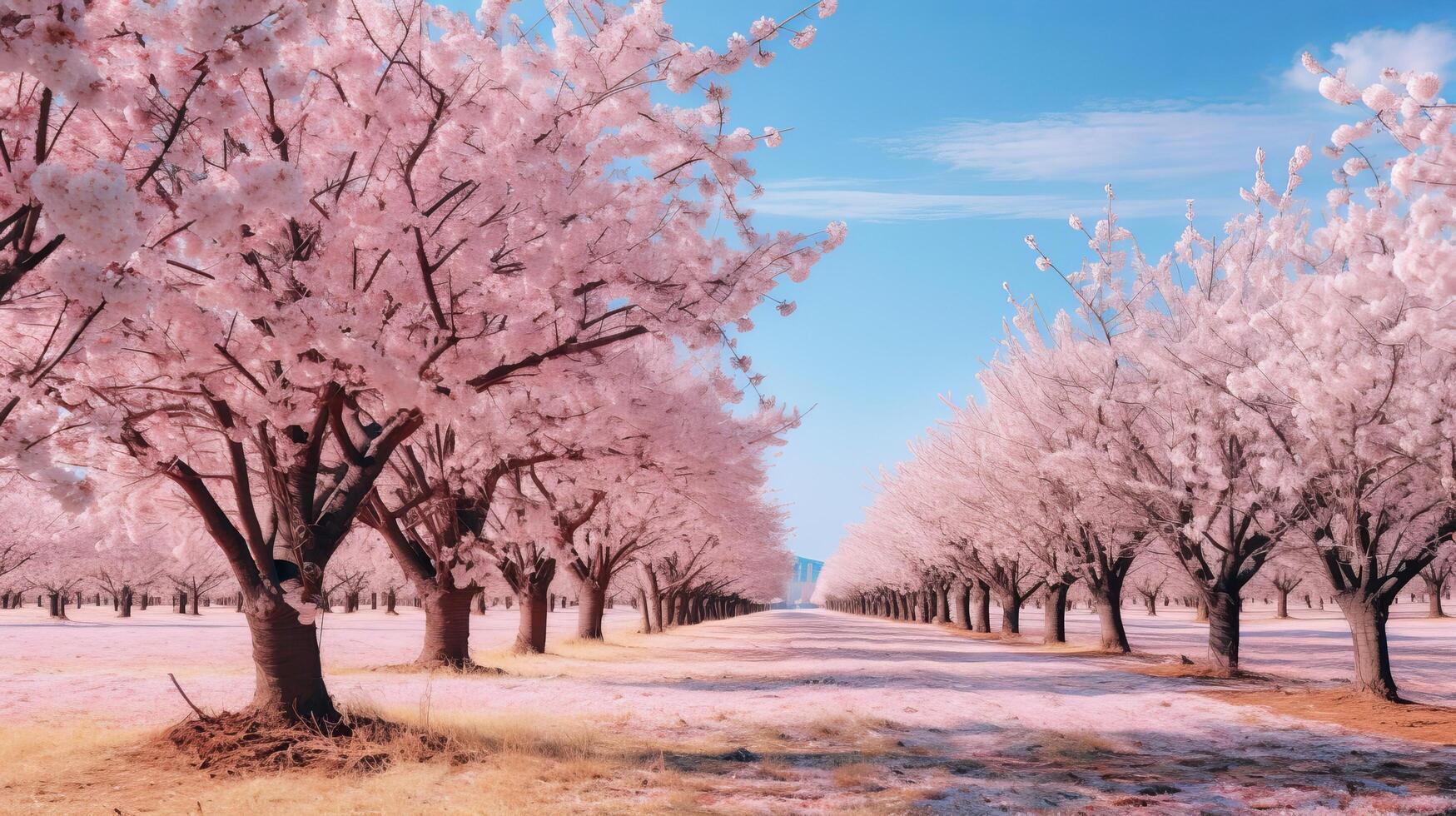 AI generated Serene field with vibrant cherry blossom trees photo