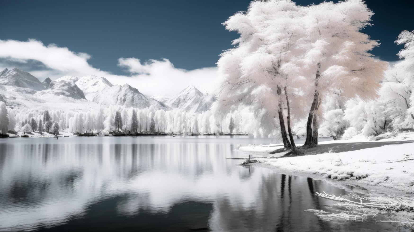 AI generated Infrared style lake landscape with white trees and mountains in black and white photo