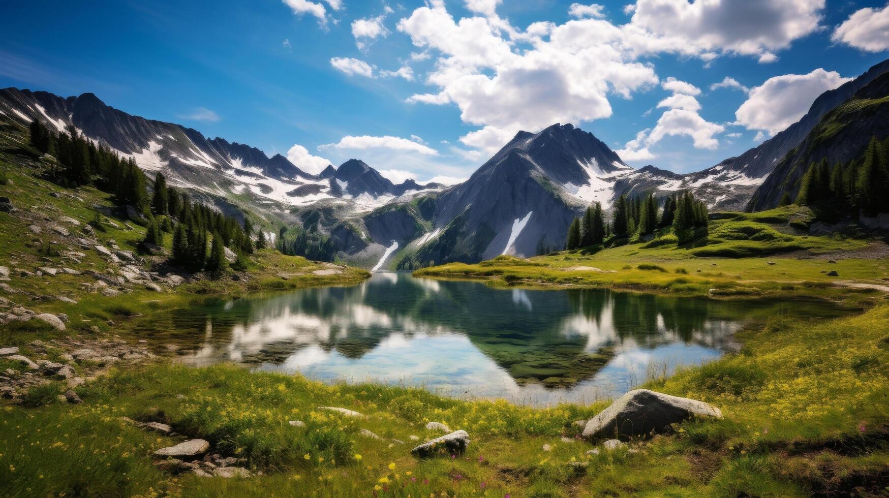 AI generated Remote alpine lake with wildflowers and mountains photo