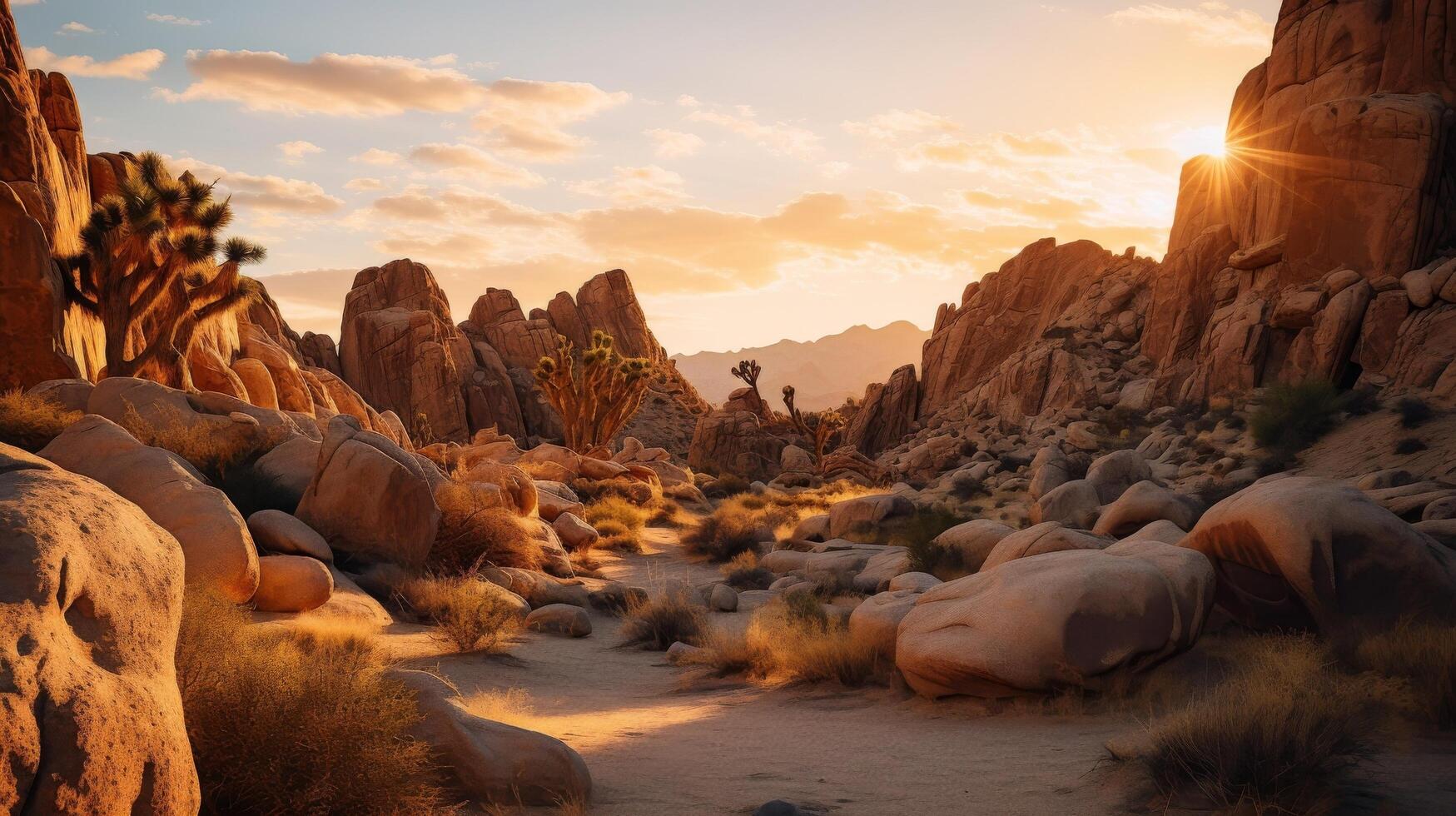 AI generated Silhouetted cholla cacti and boulders at sunset photo