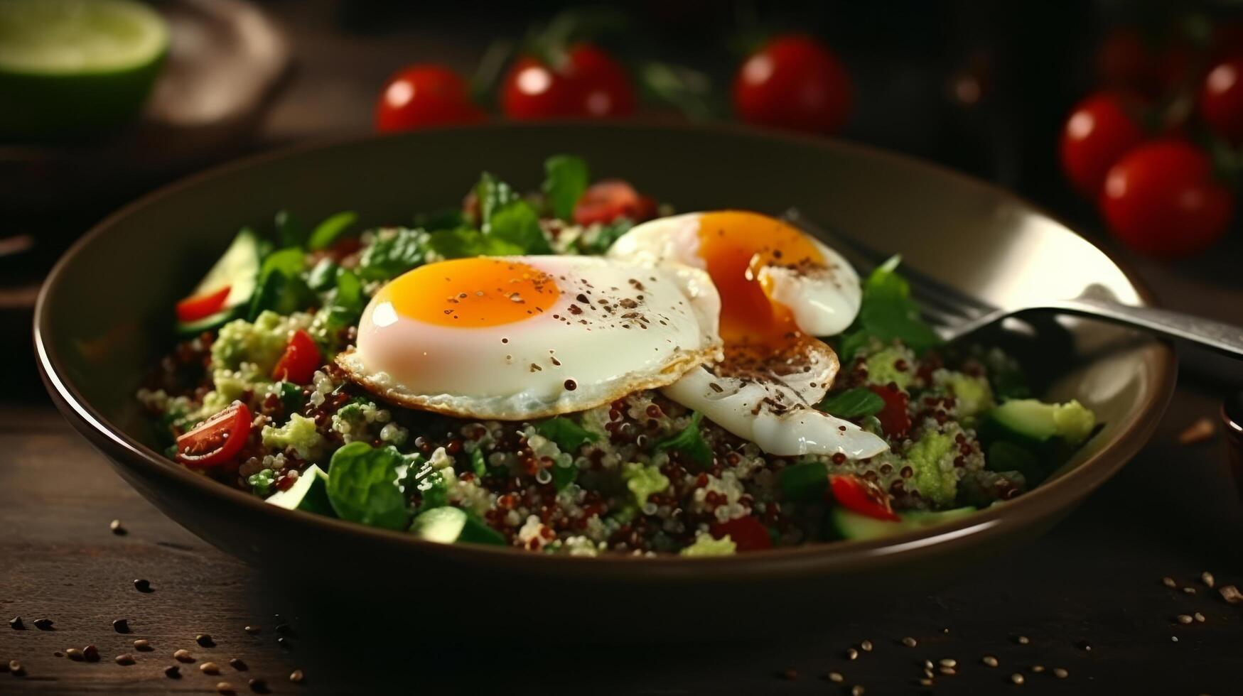 ai generado saludable desayuno con alto proteína huevos y quinua foto