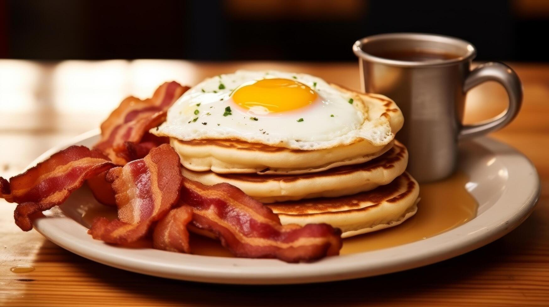 AI generated Diner style breakfast with eggs, bacon, pancakes photo