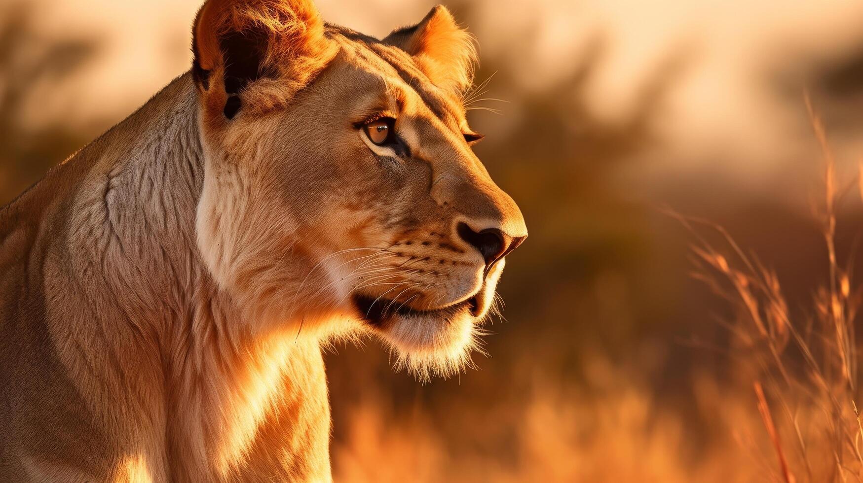 AI generated The golden fur of a lioness shines in the sunlight as she relaxes on a rocky terrain photo