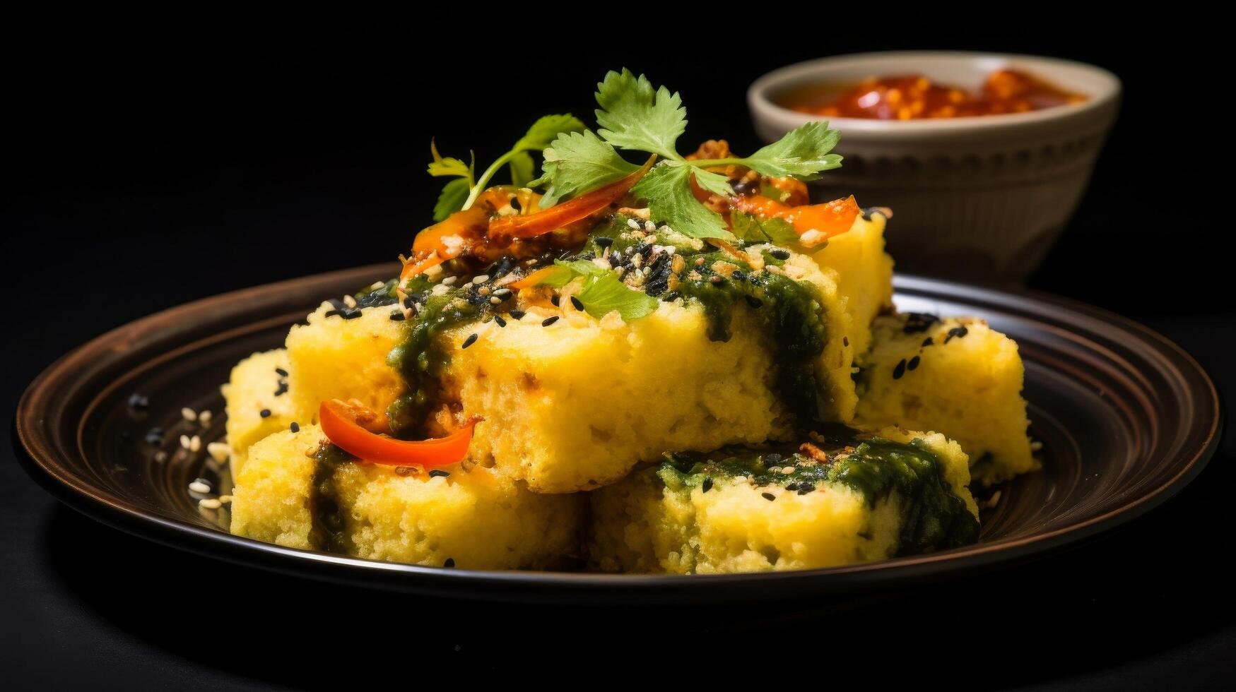 AI generated Close up of colorful and zesty dhokla with side chutney photo