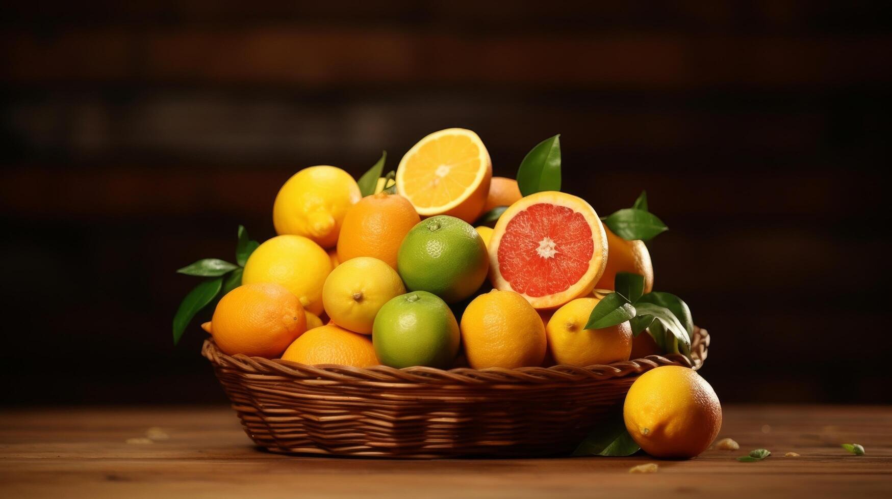 AI generated Vibrant basket of mixed citrus fruits photo