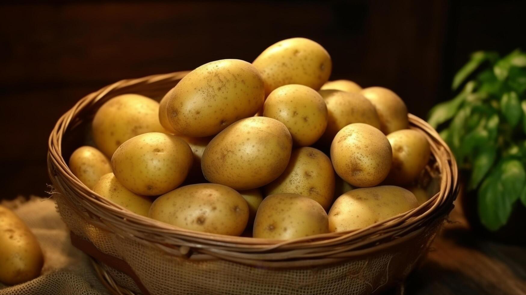 ai generado tejido cesta rebosante con chiquita patatas foto