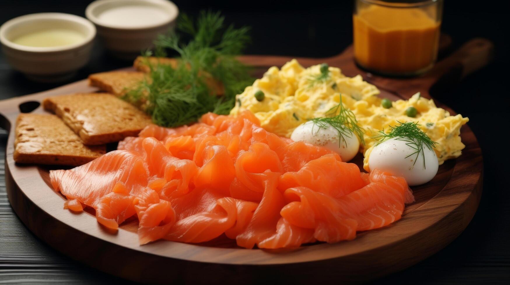 AI generated Scrambled eggs and smoked salmon on a tray photo