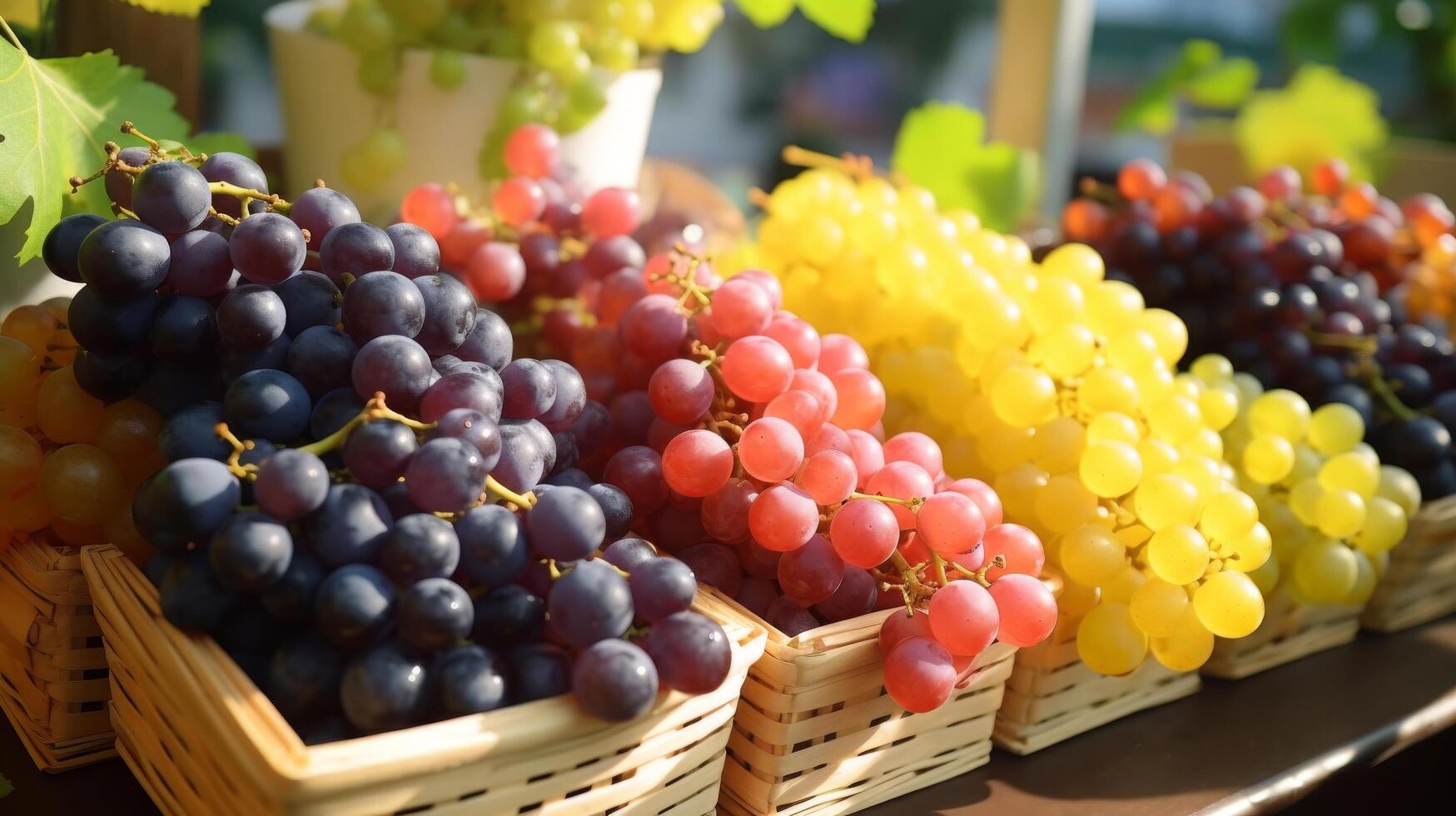 ai generado monitor de clasificado uvas en encantador y vibrante cestas foto