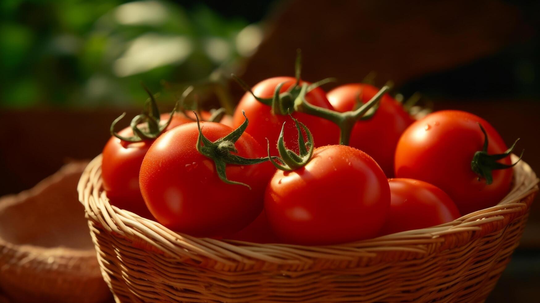 AI generated A basket full of green and red tomatoes on a wooden table photo