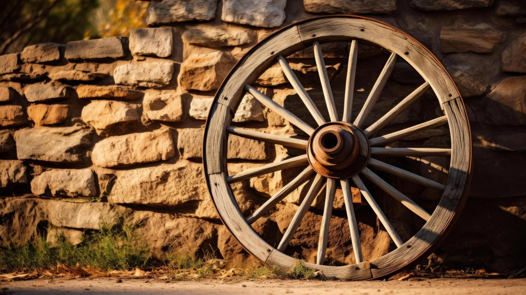 AI generated Relaxed scene with a wagon wheel by the wall photo