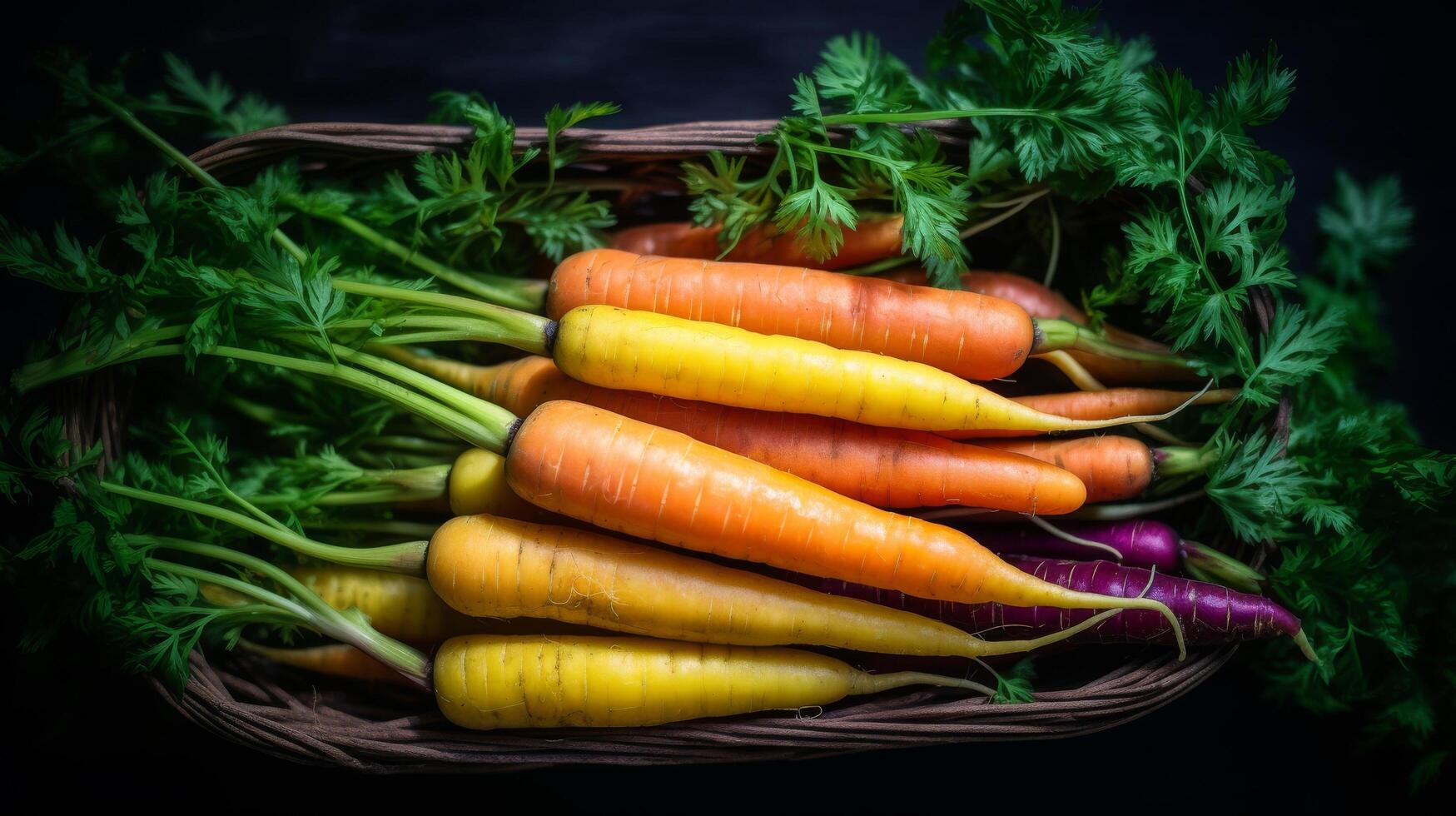 AI generated Rainbow colored carrot display, creatively captured in a basket photo