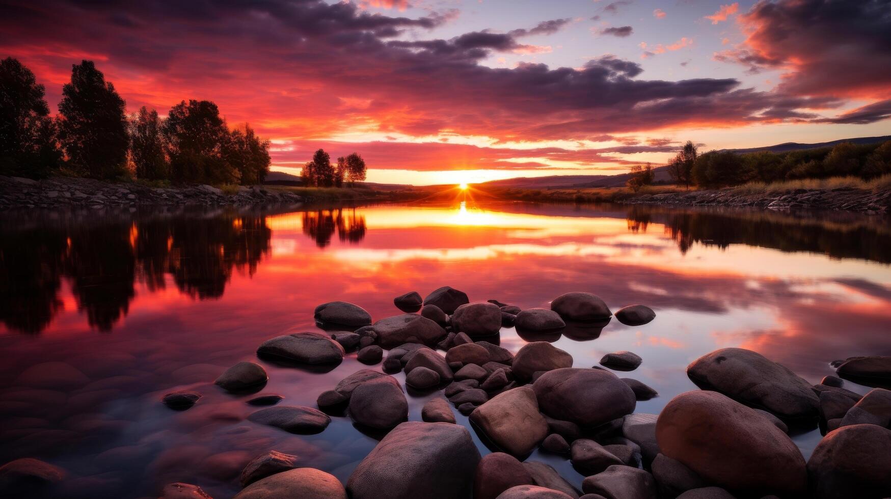 AI generated Calm river and fiery sky at sunset time photo