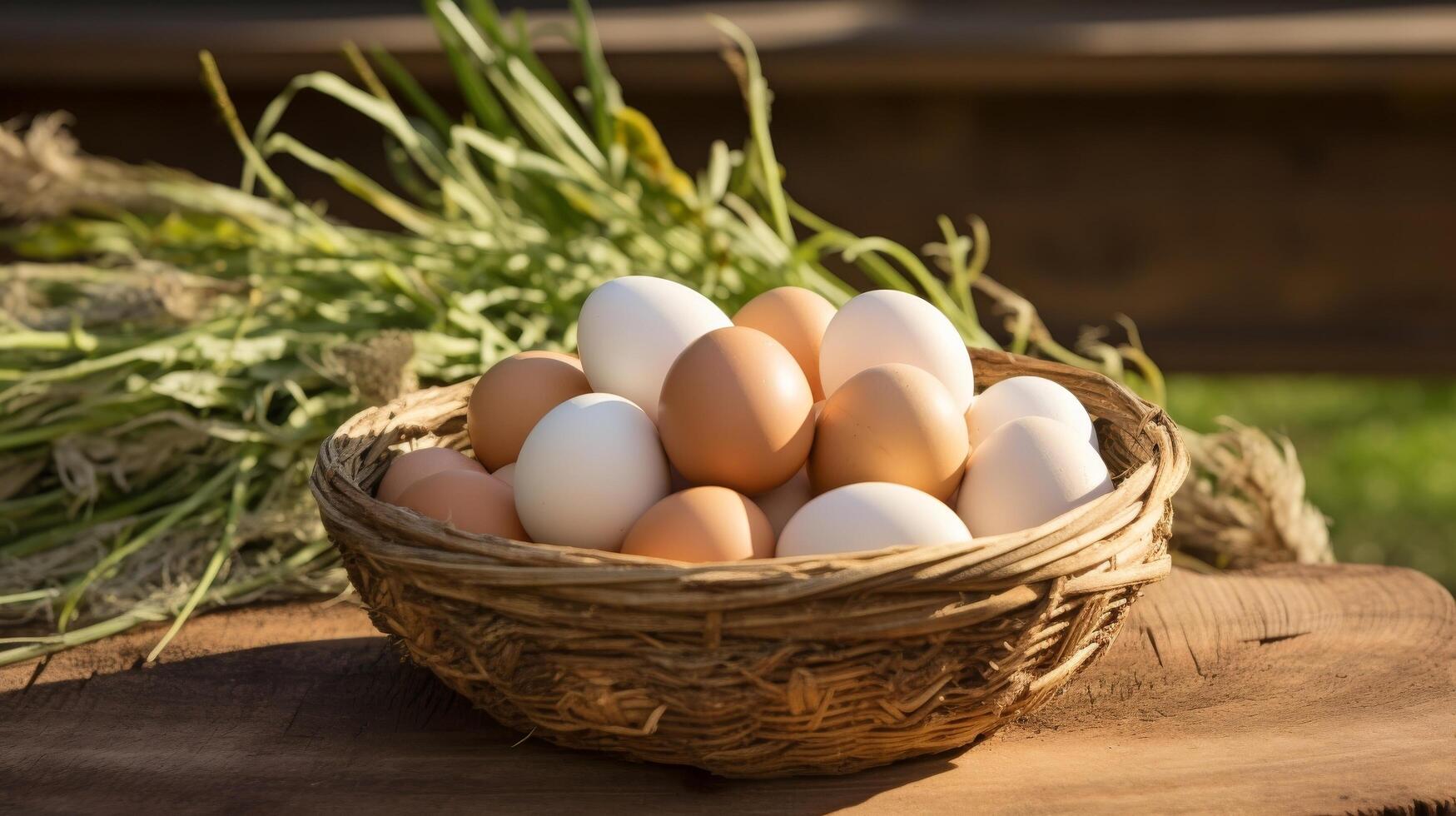 AI generated Charming display of freshly gathered eggs in a rustic basket photo