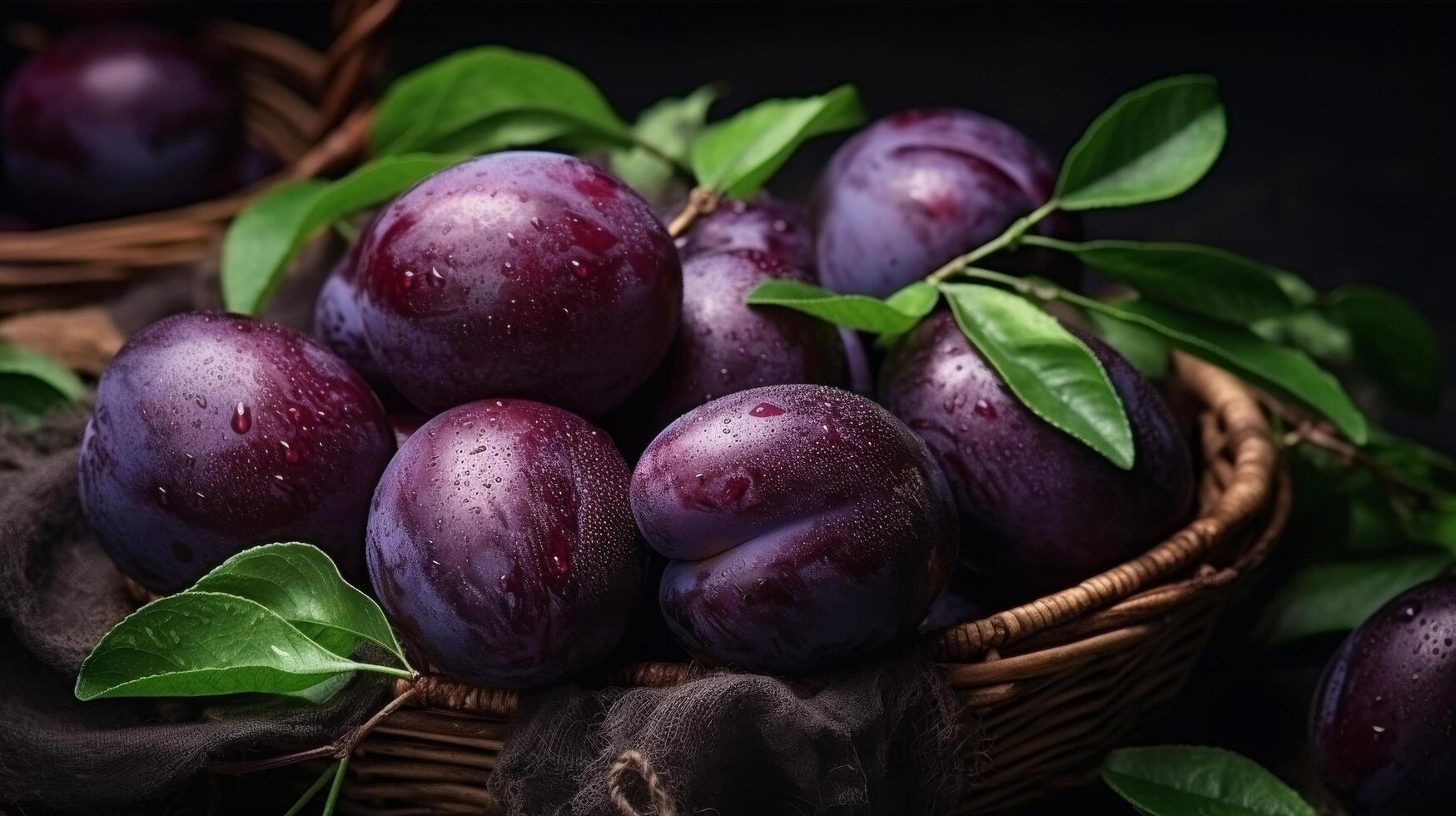 AI generated Charming display of assorted plums in a rustic container photo