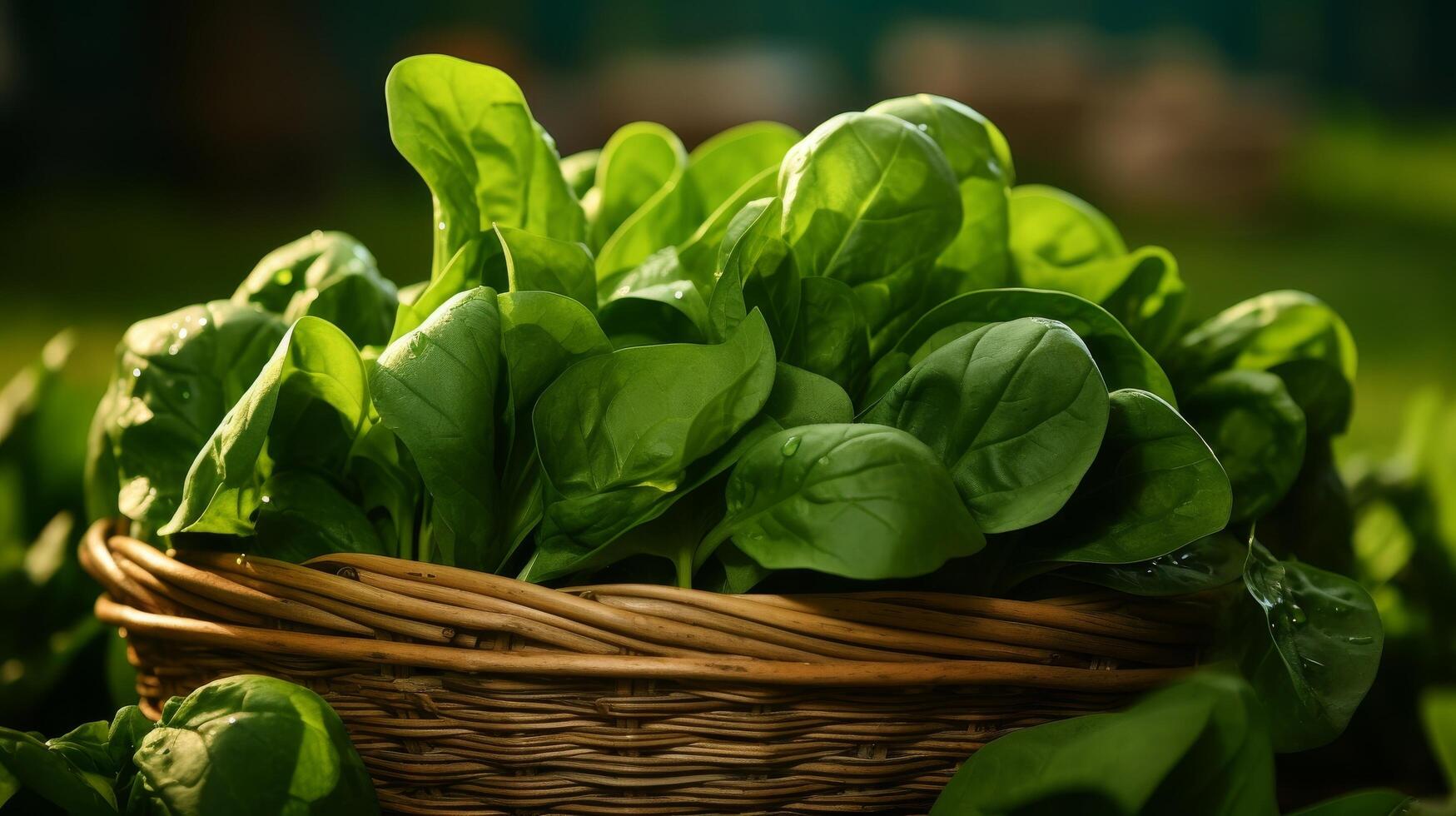 AI generated Woven basket filled with tender spinach leaves photo